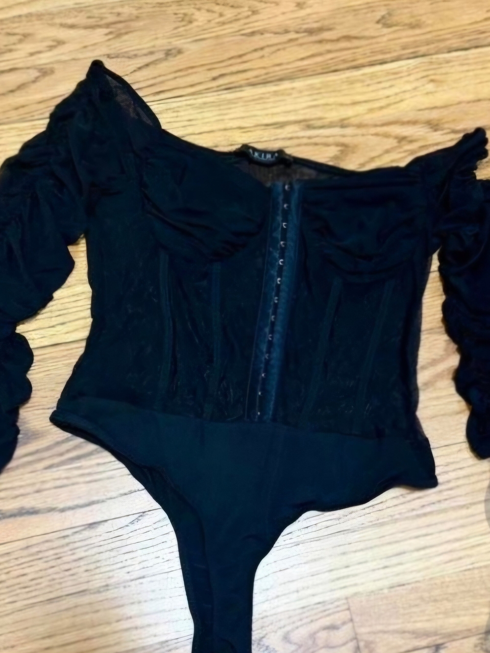 AKIRA Black Corset-Front Off-Shoulder Bodysuit